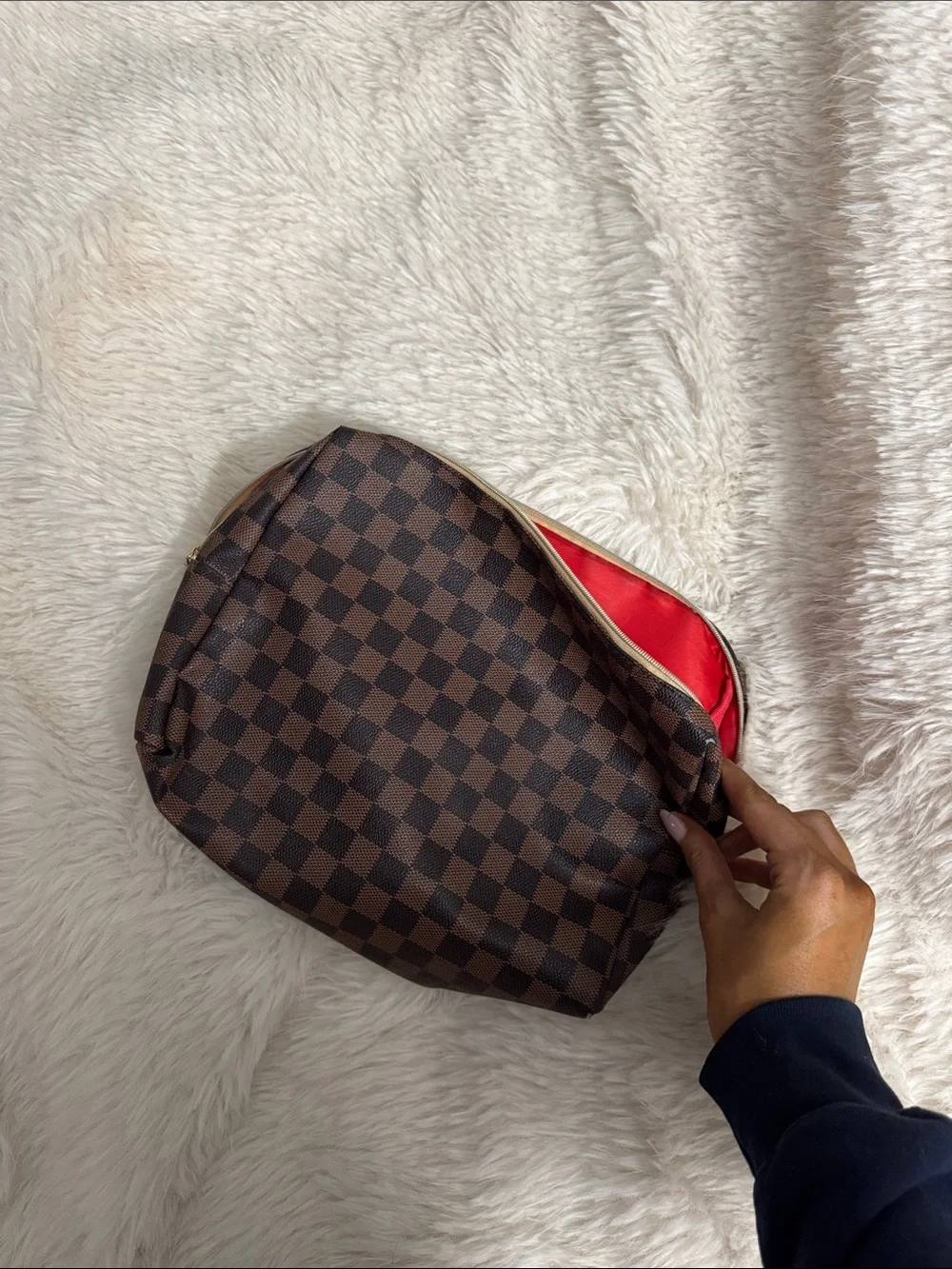 Brown Checkered Travel Pouch with Red Interior